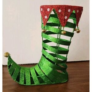 Santa's Elf Decorative Christmas Metal Green Boot Red White Jingle Bells Holiday